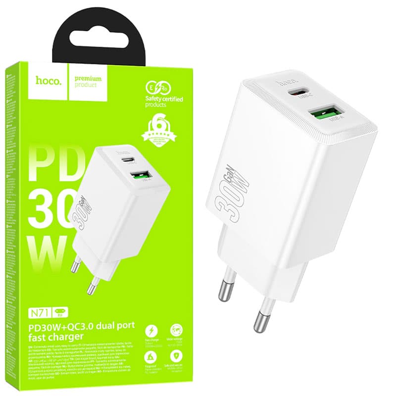 Hoco (N71) - Incarcatoare Priza, 1xUSB-C, 1XUSB-A, PD30W, QC3.0 Fast Charger, White 1