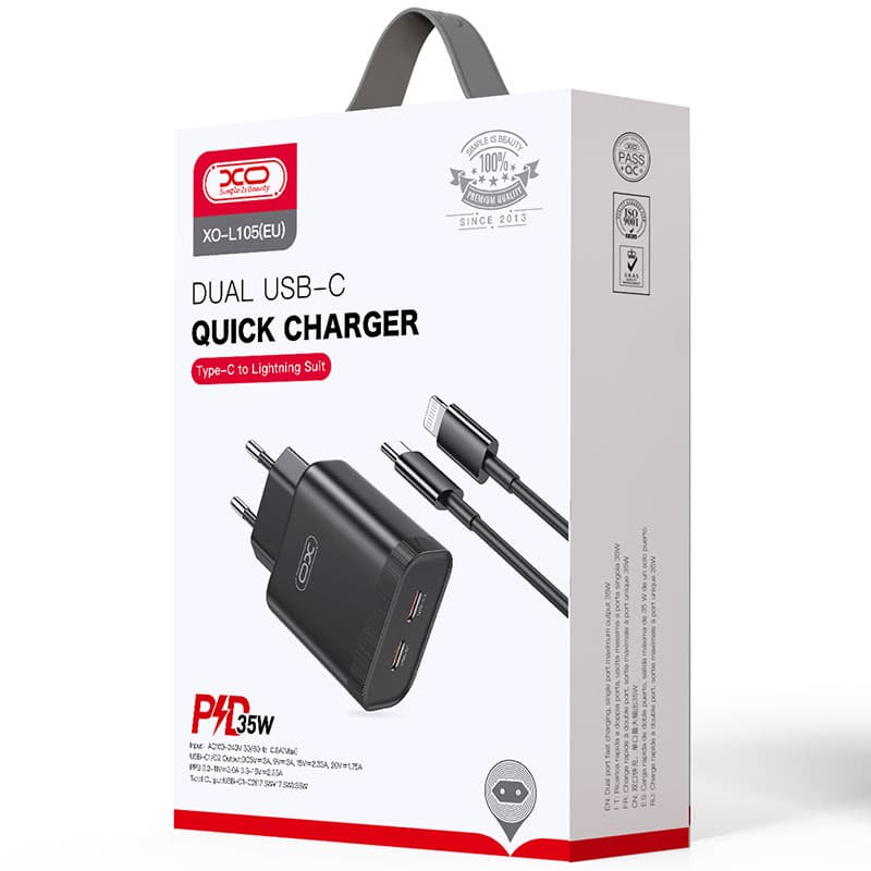 XO (L105) - Incarcator Retea + Cablu Lightning, 35W, 2xUSB-C, PD, Black 1