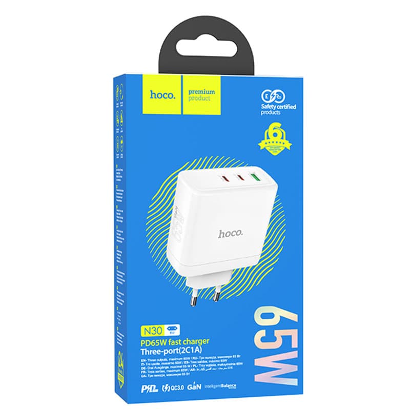 Hoco (N30) - Incarcator Retea, GaN, 65W, 2xUSB-C, 1xUSB-A, PD, QC 3.0, White 1