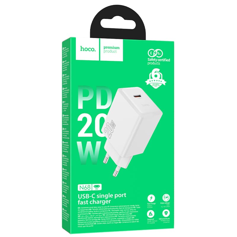 Hoco (N68) - Incarcator Retea, (PD20W) 5V, 3A, 1xUSB-C, FastCharge, White 1