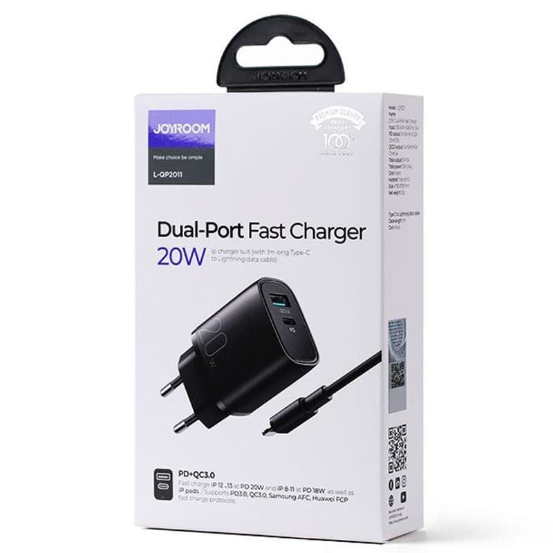 Joyroom (L-QP2011) - Incarcator Retea + Cablu Lightning, 20W, 1xUSB-C, 1xUSB-A, PD, QC 3.0, Black 1