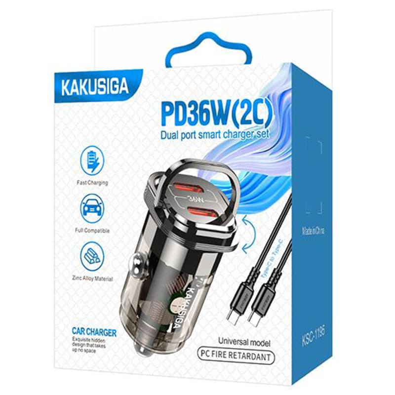 Kaku (KSC-1195) - Incarcator Auto + Cablu USB-C, 1m, PD36W, 2xUSB-C, Black 1