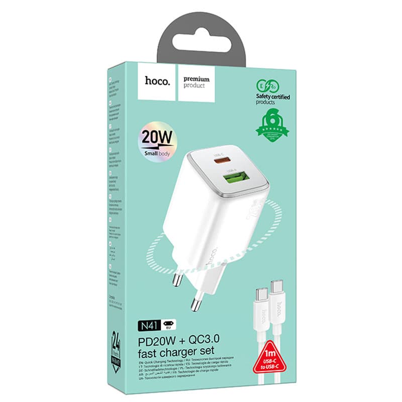 Hoco (N41) - Incarcator Retea + Cablu USB-C, 20W, 1xUSB-C, 1xUSB-A, PD, QC 3.0, White 1
