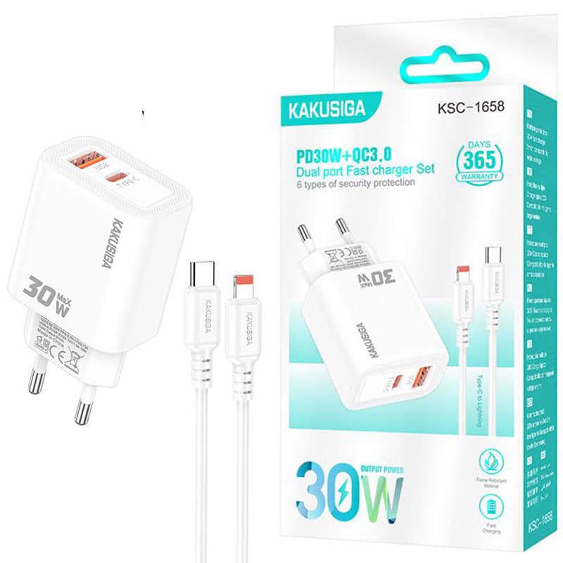 Kaku (KSC-1658) » Incarcator Priza cu Cablu, Lightning, PD30W, 1xUSB-C, 1xUSB, FastCharging, White 1