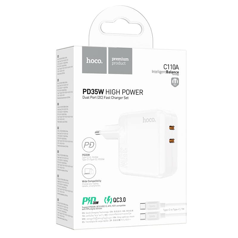 Hoco (C110A) - Incarcator Retea + Cablu USB-C, 35W, 2xUSB-C, PD, White 1