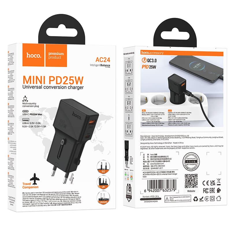 Hoco (AC24) - Adaptor Socket, PD25W, 1xUSB-C, 1xUSB, MultiSockets, Black