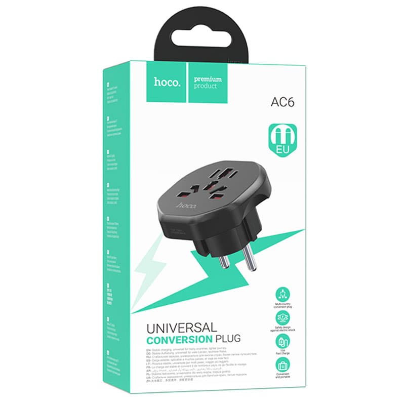 Hoco (AC6) - Convertor Priza, Adaptor Universal, EU Plug, Black
