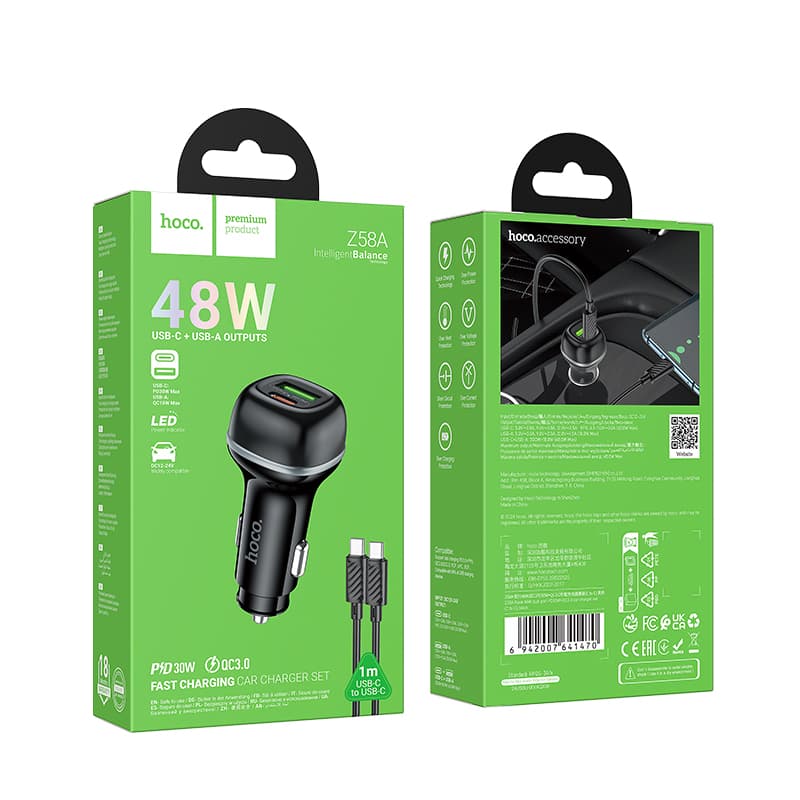Hoco (Z58A) » Incarcator Auto, PD48W, 1xUSB-C, 1xUSB QC3.0 + Cablu USB-C 60W, 1m, Fast, Black 1