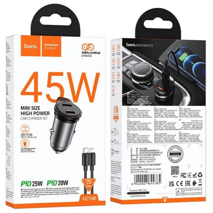 Hoco (NZ16B) - Incarcator Auto + Cablu Lightning, 1m, PD45W, 2xUSB-C, Grey 1
