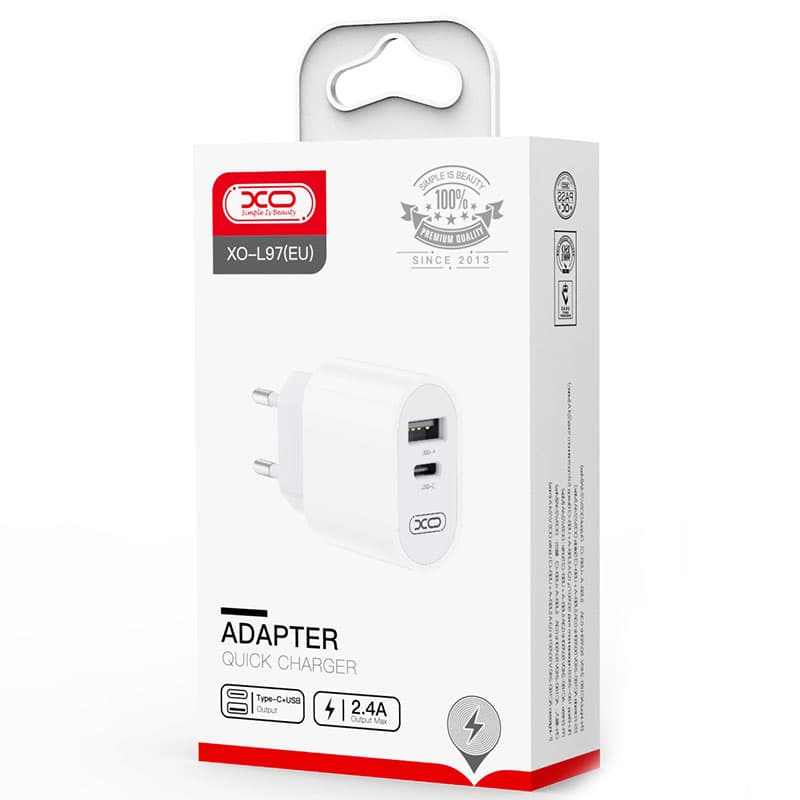 XO (L97) - Incarcator Retea, 2.4A, 1xUSB-C, 1xUSB-A, PD, QC 3.0, White 1
