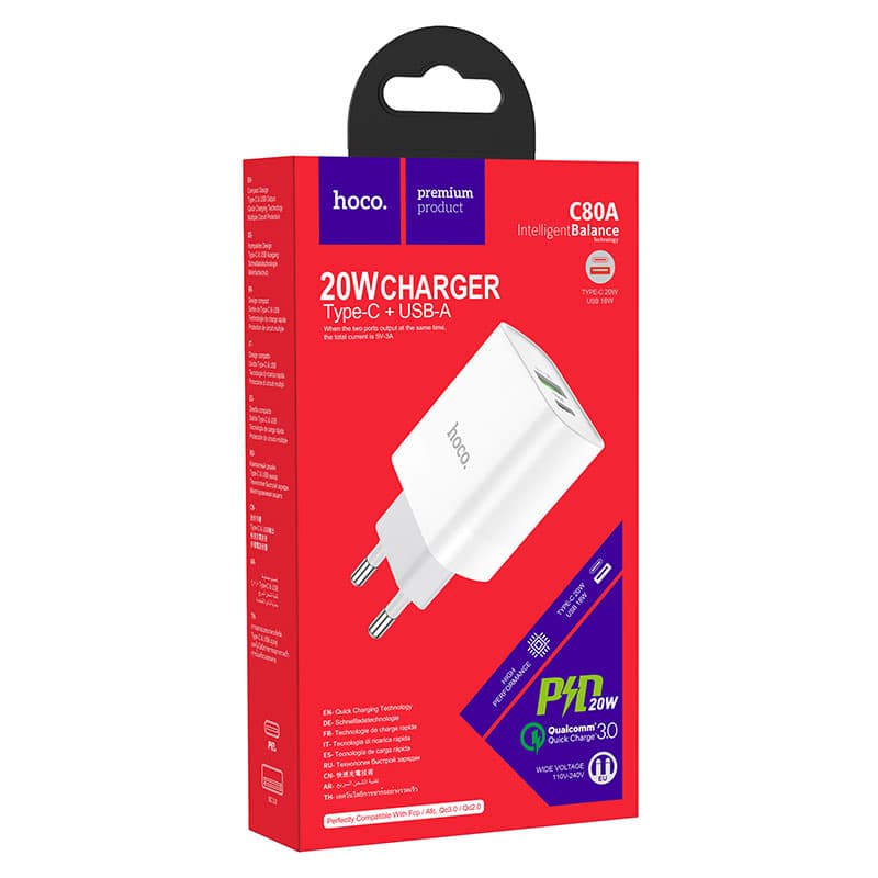 Hoco (C80A) - Incarcator Retea, 20W, 5V, 3.1A, 1xUSB-C, 1xUSB-A, PD, QC 3.0, White 1
