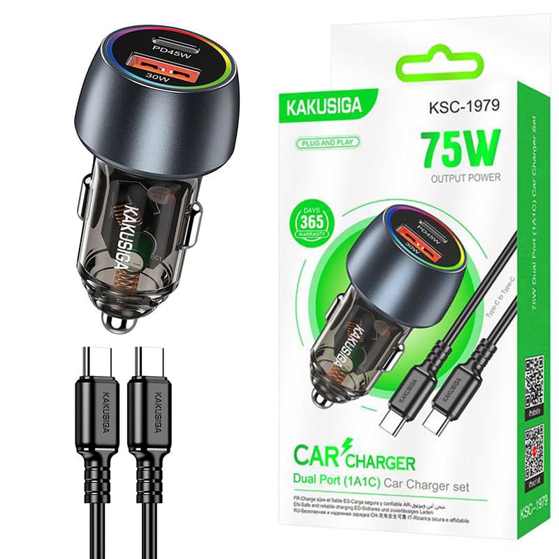 Kaku (KSC-1979) » Incarcator Auto, PD75W, 1xUSB-C, 1xUSB + Cablu USB-C, 1m, Ambinet Light, Black 1