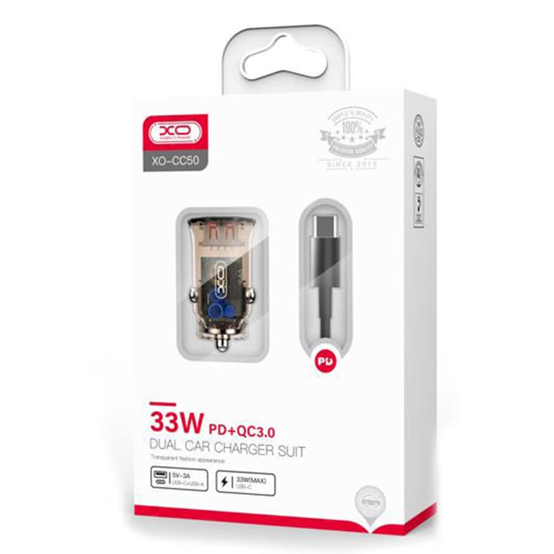 XO (CC50) - Incarcator Auto + Cablu USB-C, 33W, 1xUSB-C, 1xUSB-A, PD, QC 3.0, Clear Design, BROWN 1