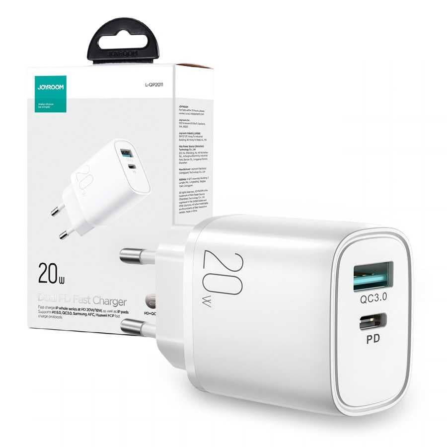 Joyroom (L-QP2011) - Incarcator Retea, 20W, 1xUSB-C, 1xUSB-A, PD, QC 3.0, White 1