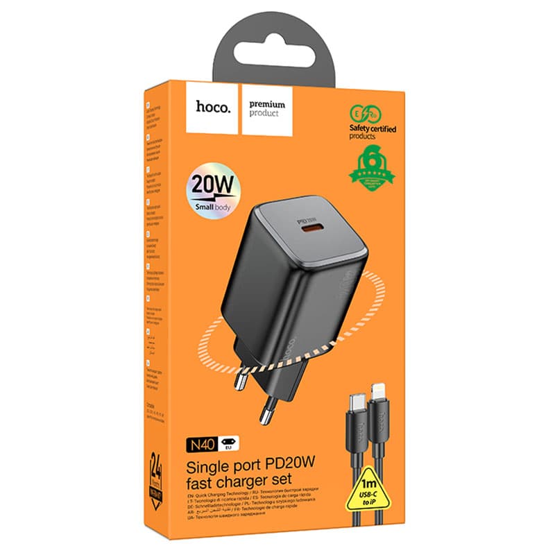 Hoco (N40) - Incarcator Retea + Cablu Lightning, 20W, 1xUSB-C, PD, Black 1