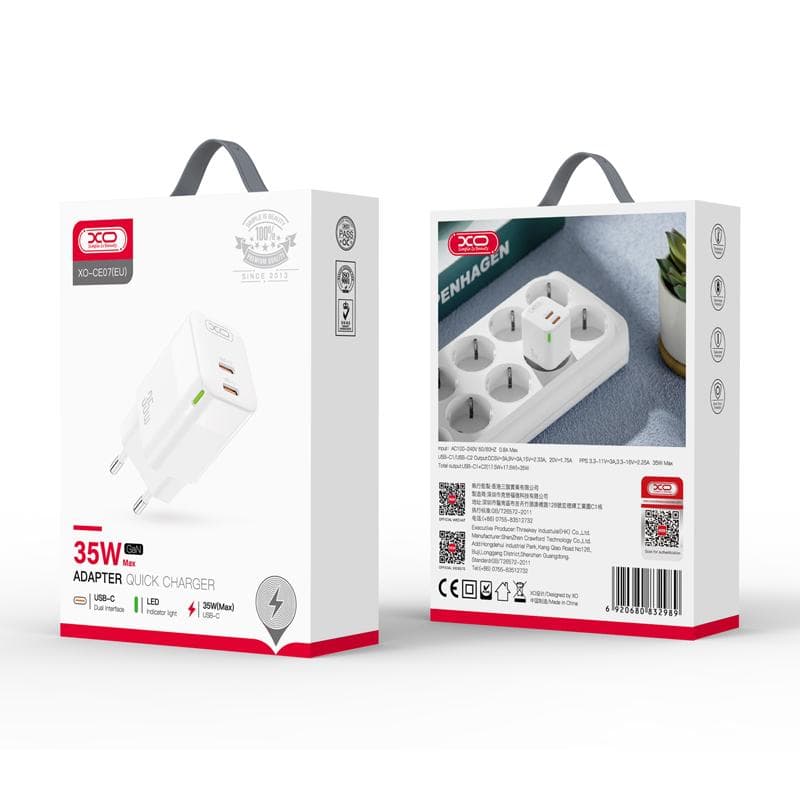 XO (CE07) - Incarcator Retea, GaN, PD35W, 2xUSB-C, White 1
