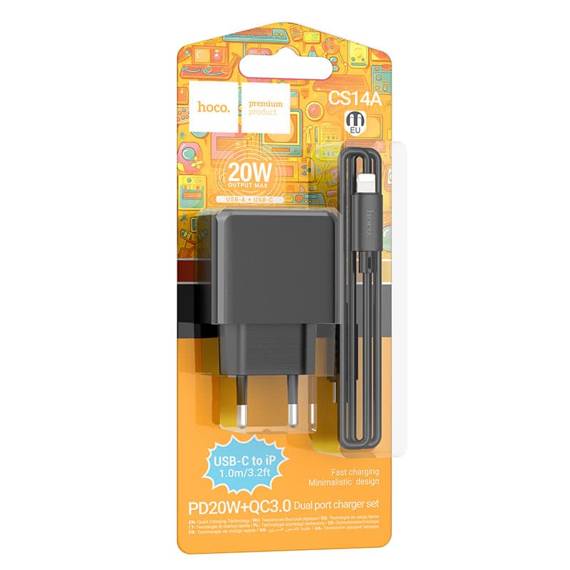 Hoco (CS14A) - Incarcator Retea + Cablu Lightning, 20W, 1xUSB-C, 1xUSB-A, PD, QC 3.0, Black 1