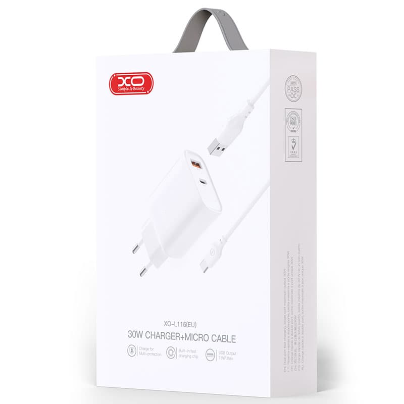 XO (L116) - Incarcator Retea + Cablu MicroUSB, 30W, 1xUSB-C, 1xUSB-A, PD, QC 3.0, White 1