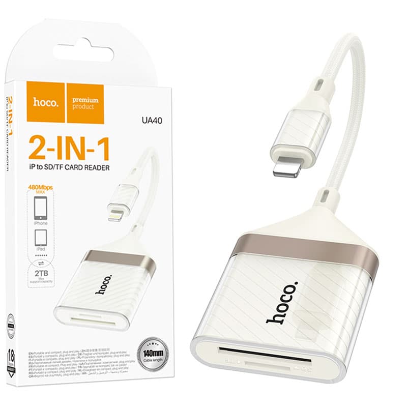 Hoco (UA40) - Cititor de carduri 2-in-1, SD/TF, cu conector Lightning, 480Mbps, White 1