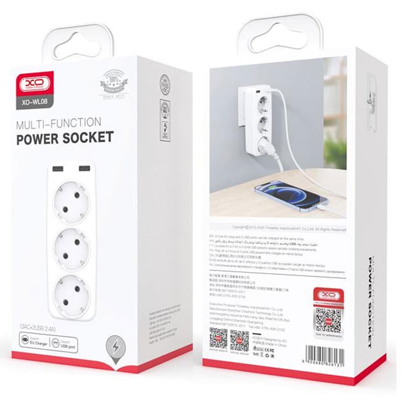 XO (WL08) - Adaptor Priza, 3AC, 2xUSB-A, 2.4A, White 1
