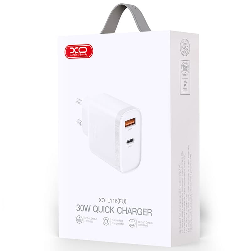 XO (L116) - Incarcator Retea, 30W, 1xUSB-C, 1xUSB-A, PD, QC 3.0, White 1