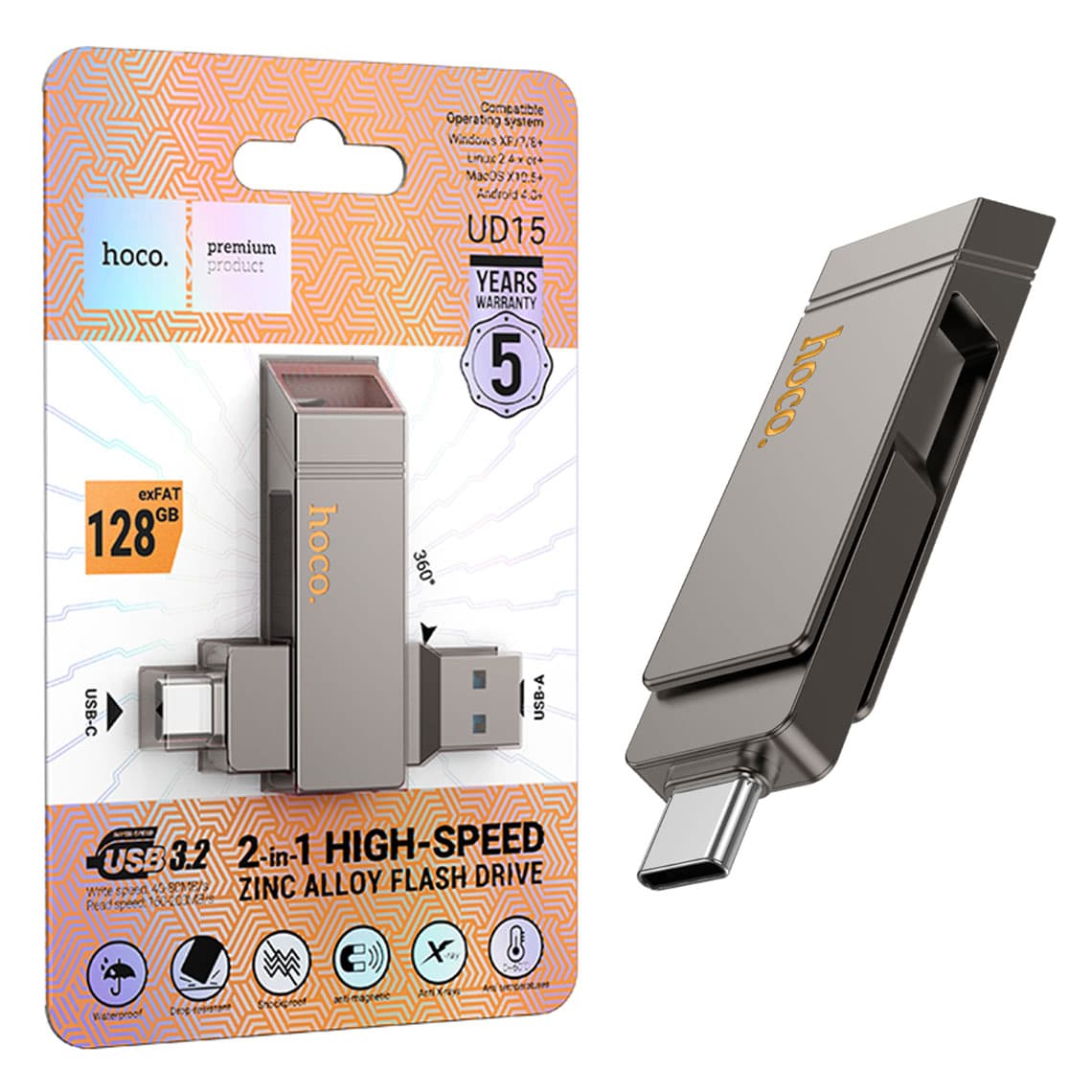 Hoco (UD15) - Memory Stick, 128GB, Dual USB-C + USB-A 3.2, High Speed, Flash Drive, Grey 1