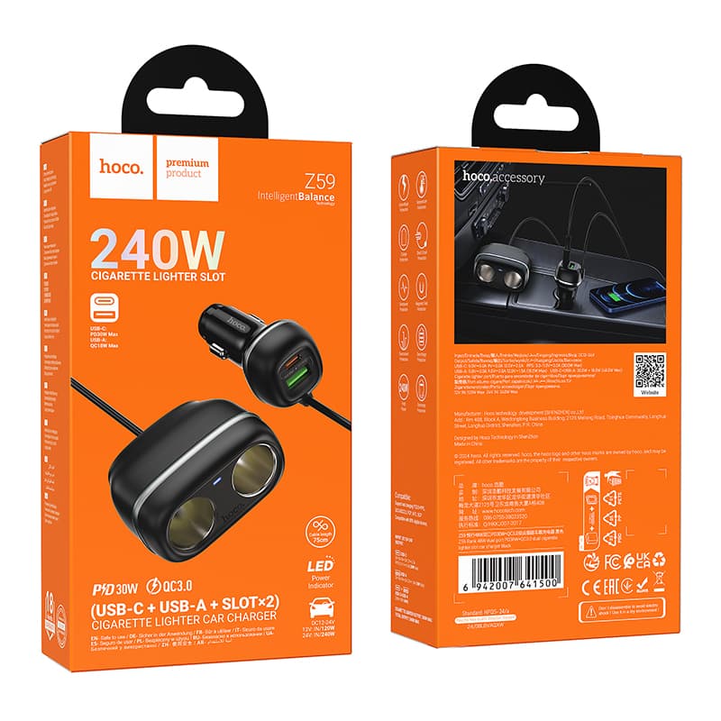 Hoco (Z59) - Incarcator Auto Cu Fir, PD48W, 1xUSB-C, 1xUSB-A, Black 1