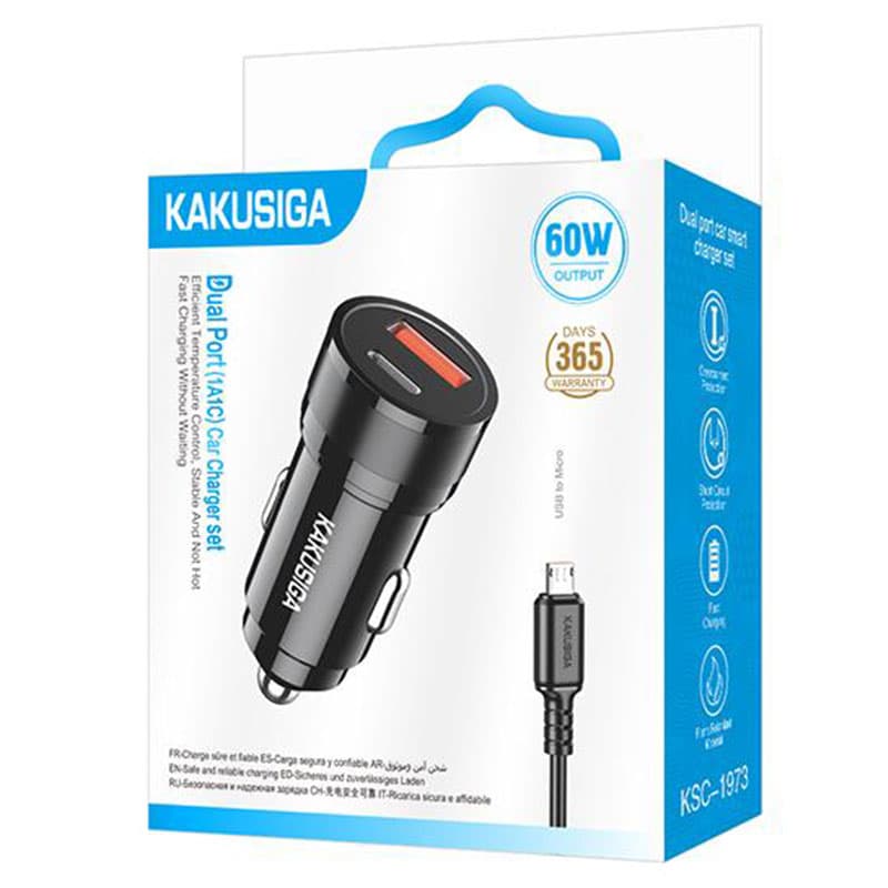 Kaku (KSC-1973) » Incarcator Auto, PD60W, 1xUSB-C, 1xUSB + Cablu MicroUSB, 1m, Black 1