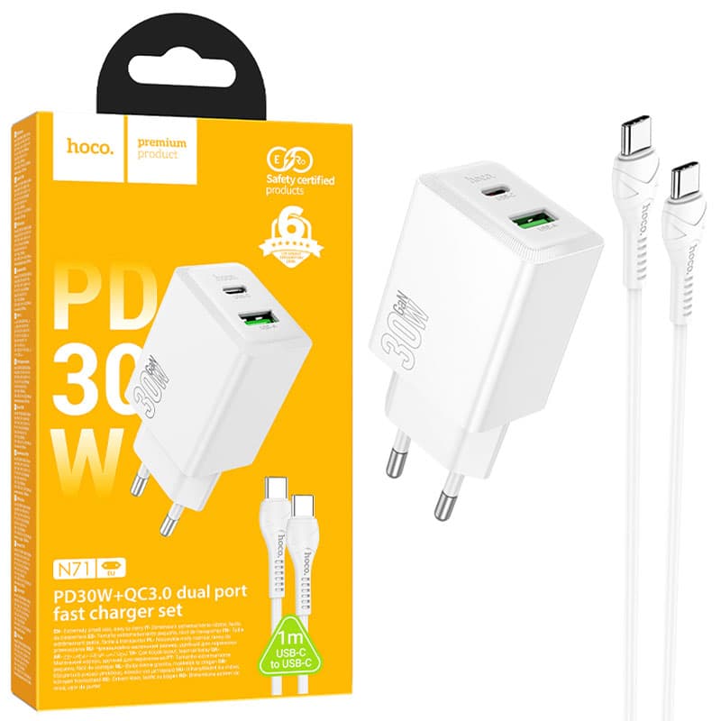 Hoco (N71) - Incarcatoare Priza cu Cablu, USB-C, 1xUSB-C, 1XUSB-A, 30W, Fast Charger, White 1