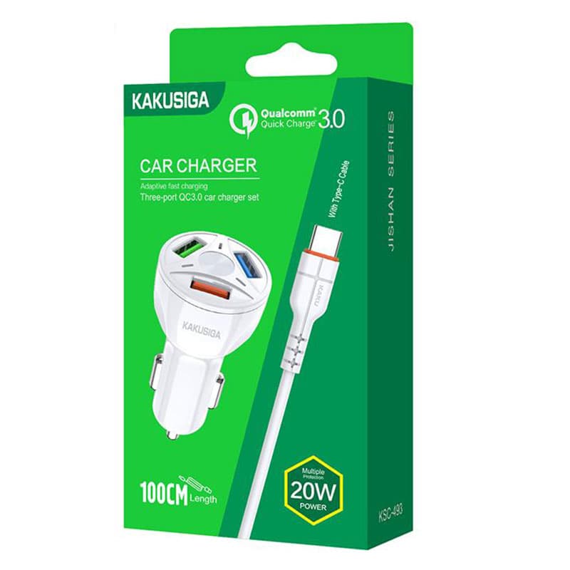 Kaku (KSC-493) - Incarcator Auto + Cablu USB-C, 20W, 3xUSB-A, QC 3.0, White 1