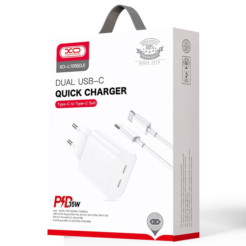 XO (L105) - Incarcator Retea + Cablu Lightning, 35W, 2xUSB-C, PD, White 1