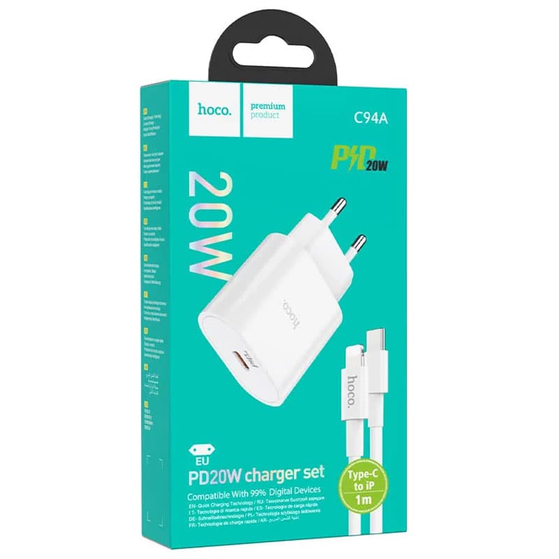 Hoco (C94A) - Incarcator Retea + Cablu Lightning, 1m, PD20W, 1xUSB-C, PPS/QC3.0/FCP/AFC, White 1