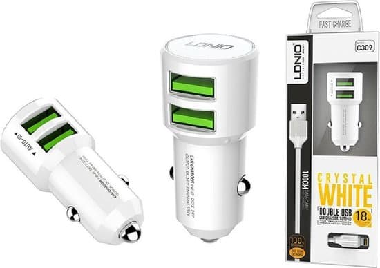 Ldnio (C309-I) - Incarcator Auto + Cablu Lightning / MICRO, 1m, 2xUSB-A, 18W, White 1