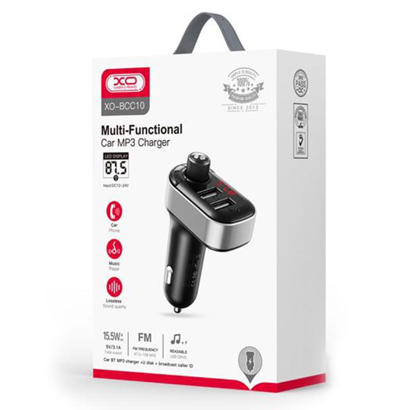 XO (BCC10) - Modulator FM, 15.5W, 5V, 3.1A, 2xUSB-A, QC 3.0, Compact, Black 1