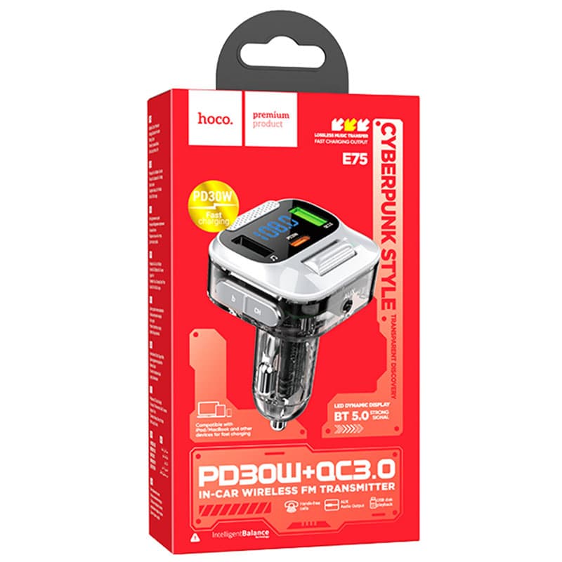 Hoco (E75) - Modulator FM, 30W, 1xUSB-C, 1xUSB-A, PD, QC 3.0, Black 1