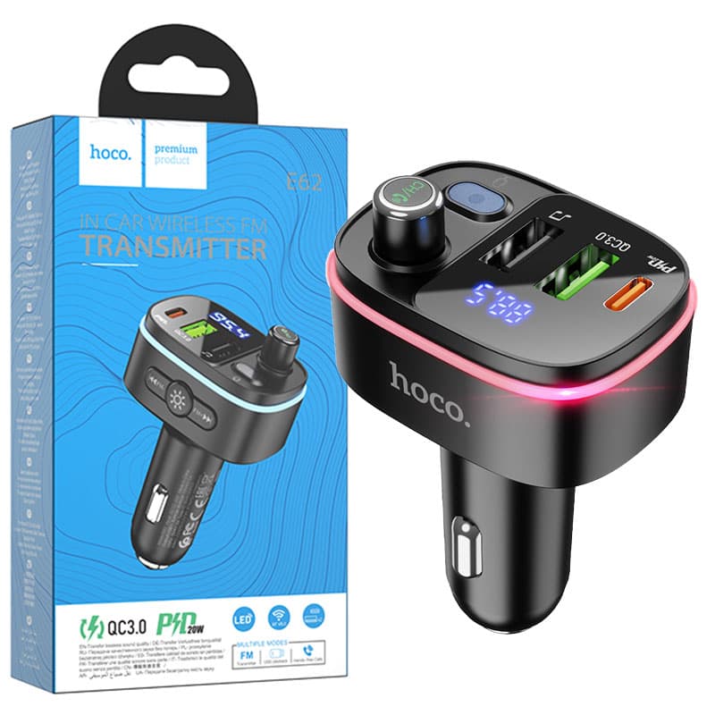 Hoco (E62) - Modulator FM, 20W, 5V, 1.5A, 1xUSB-C, 1xUSB-A, Multicolor LED, Black 1