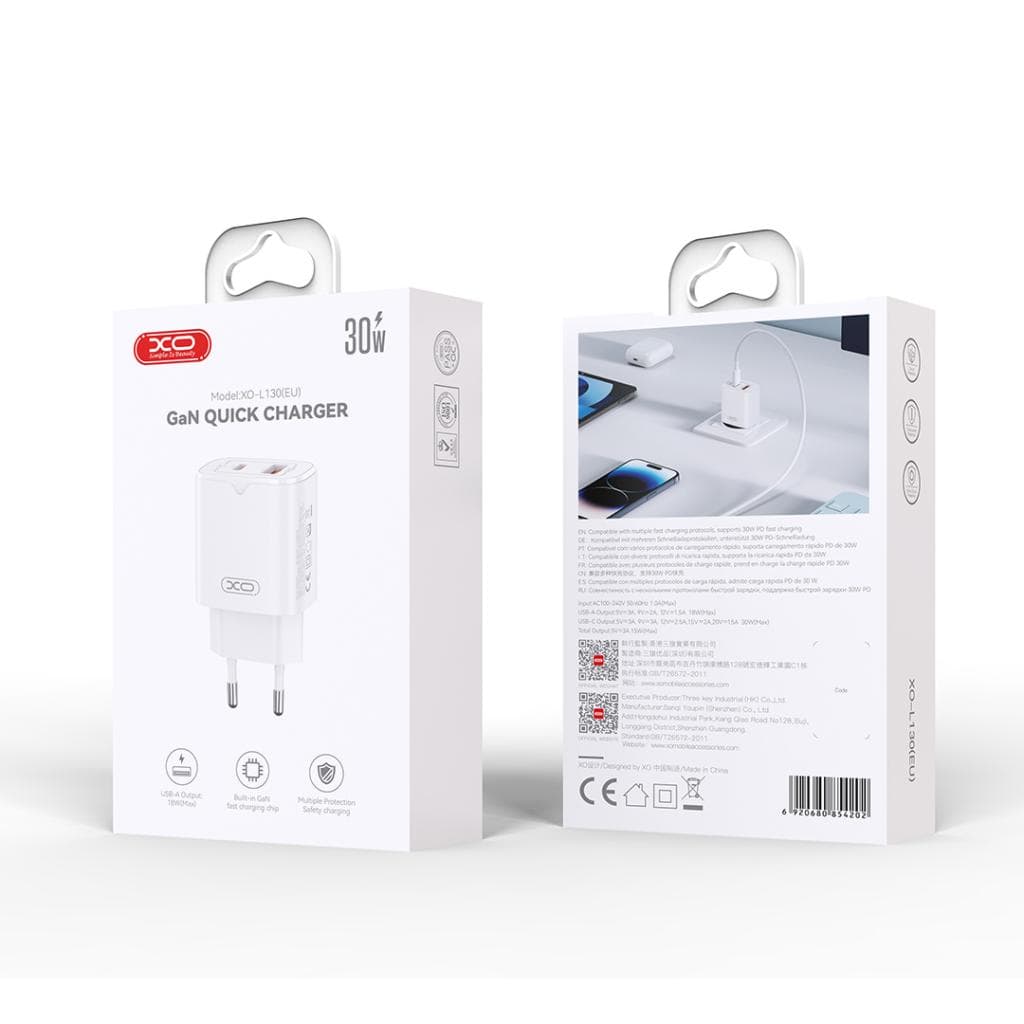 XO (L130) - Incarcator Retea, PD30W, 1xUSB-C, 1xUSB-A, White 1