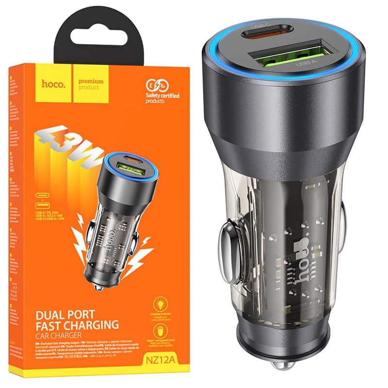 Hoco (NZ12A) - Incarcator Auto, 25W, 1xUSB-C, 1xUSB-A, PD, QC 3.0, Clear, Black 1