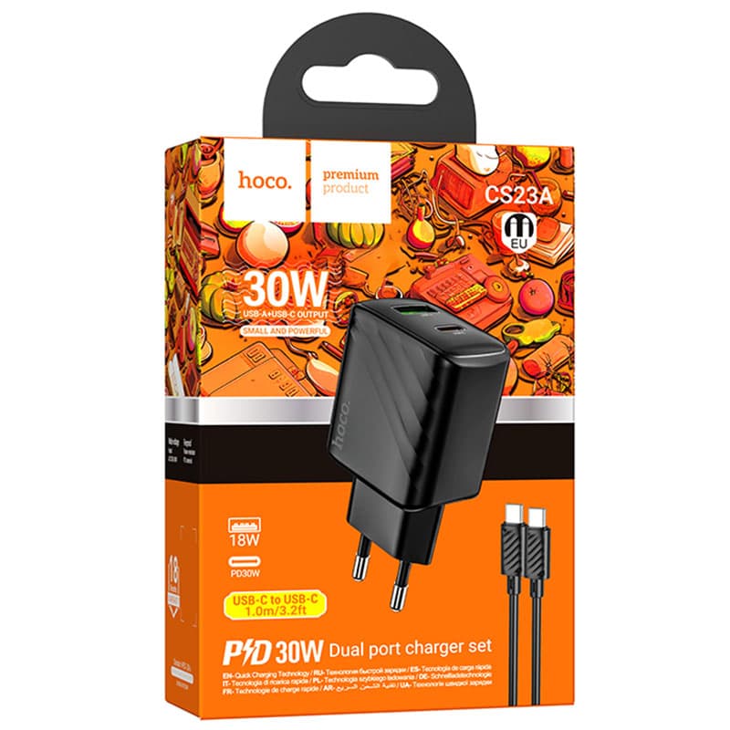 Hoco (CS23A) - Incarcator Retea + Cablu USB-C, 1m, PD30W, 1xUSB-C, 1xUSB-A, FCP/AFC, Black 1