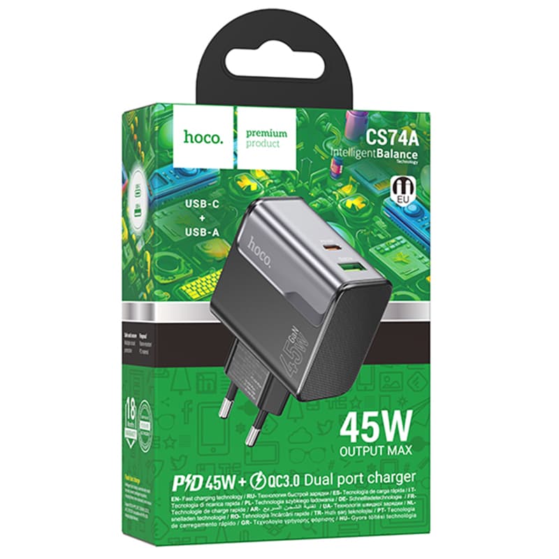 Hoco (CS74A) - Incarcator Retea, (PD45W+QC3.0) 1xUSB-C, 1xUSB, FastCharge, Black 1