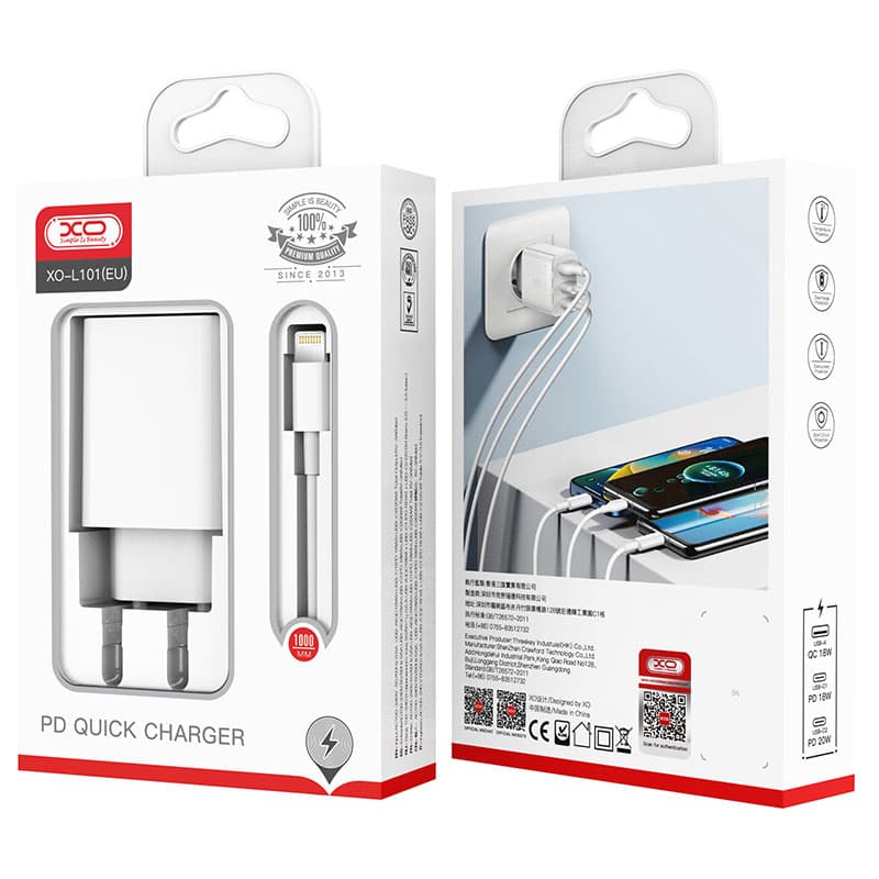 XO (L101) - Incarcator Retea + Cablu Lightning, 20W, 2xUSB-C, 1xUSB-A, PD, QC 3.0, White 1