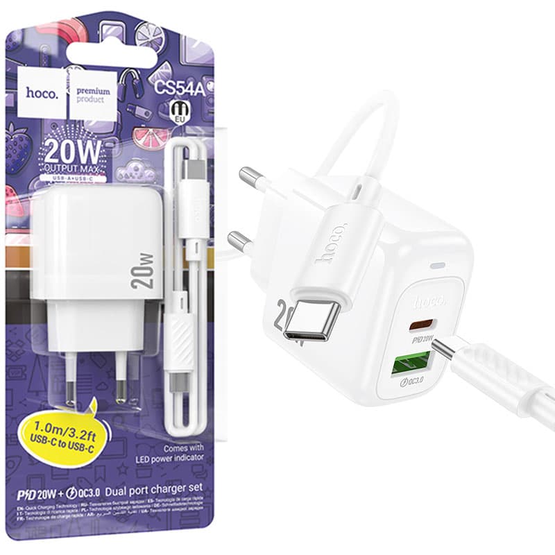 Hoco (CS54A) - Incarcator Retea cu Cablu, PD20W, QC 3.0 18W, 1xUSB-C, 1xUSB-A, White 1