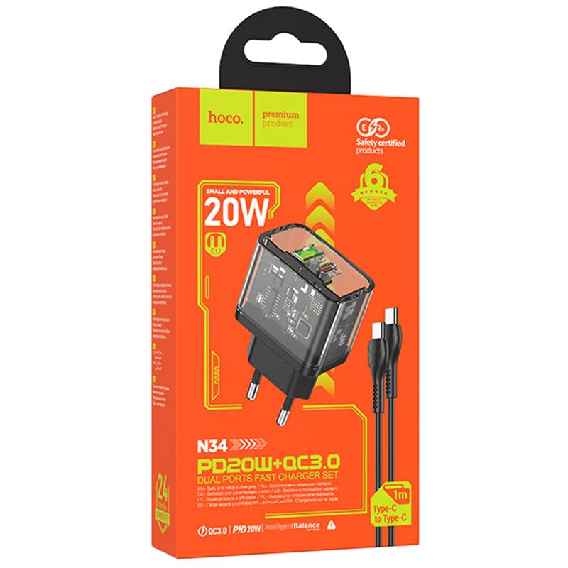 Hoco (N34) - Incarcator Retea + Cablu USB-C, 20W, 1xUSB-C, 1xUSB-A, PD, QC 3.0, Clear, Black 1