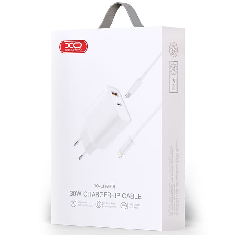 XO (L116) - Incarcator Retea + Cablu Lightning, 30W, 1xUSB-C, 1xUSB-A, PD, QC 3.0, White 1