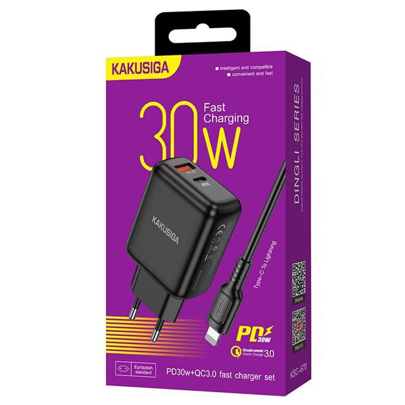 Kaku (KSC-670) - Incarcator Retea + Cablu Lightning, 30W, 1xUSB-C, 1xUSB-A, PD, QC 3.0, Black 1