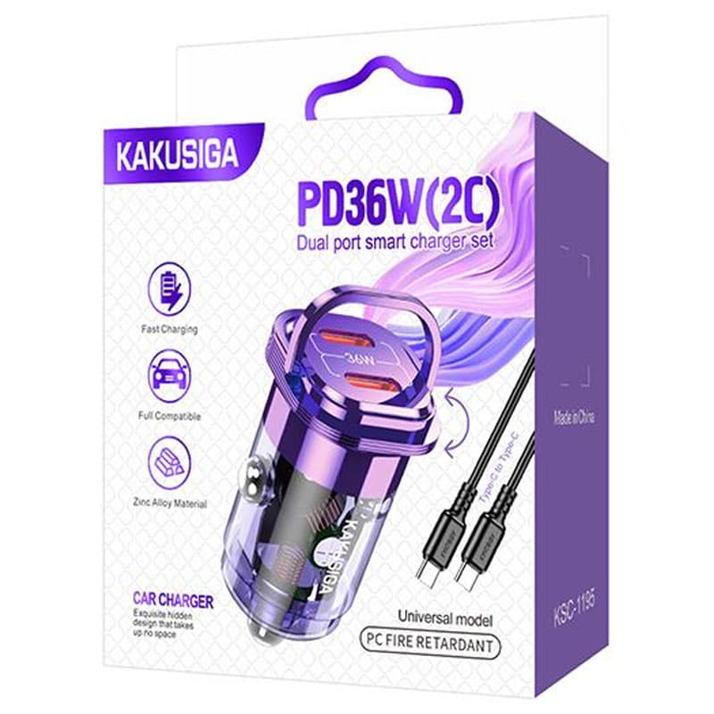 Kaku (KSC-1195) - Incarcator Auto + Cablu USB-C, 1m, 3.4A, 2xUSB-C, RingPull, Purple 1