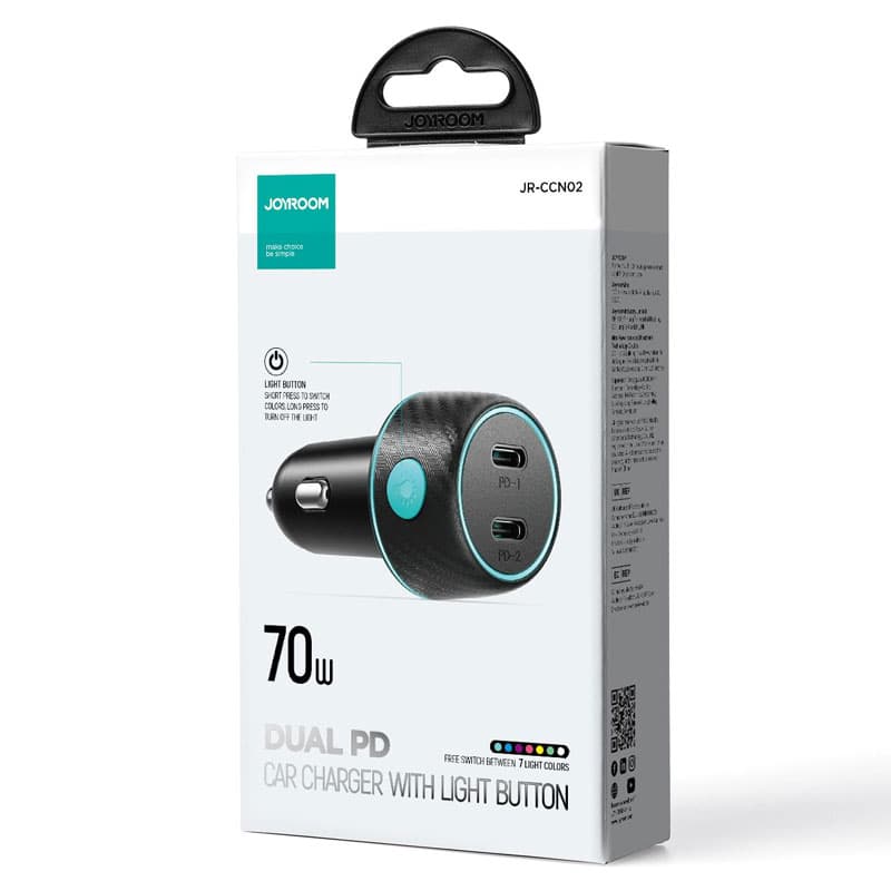 Joyroom (JR-CCN02) - Incarcator Auto, 70W, 2xUSB-C, PD, Multicolor Ambient, Black 1