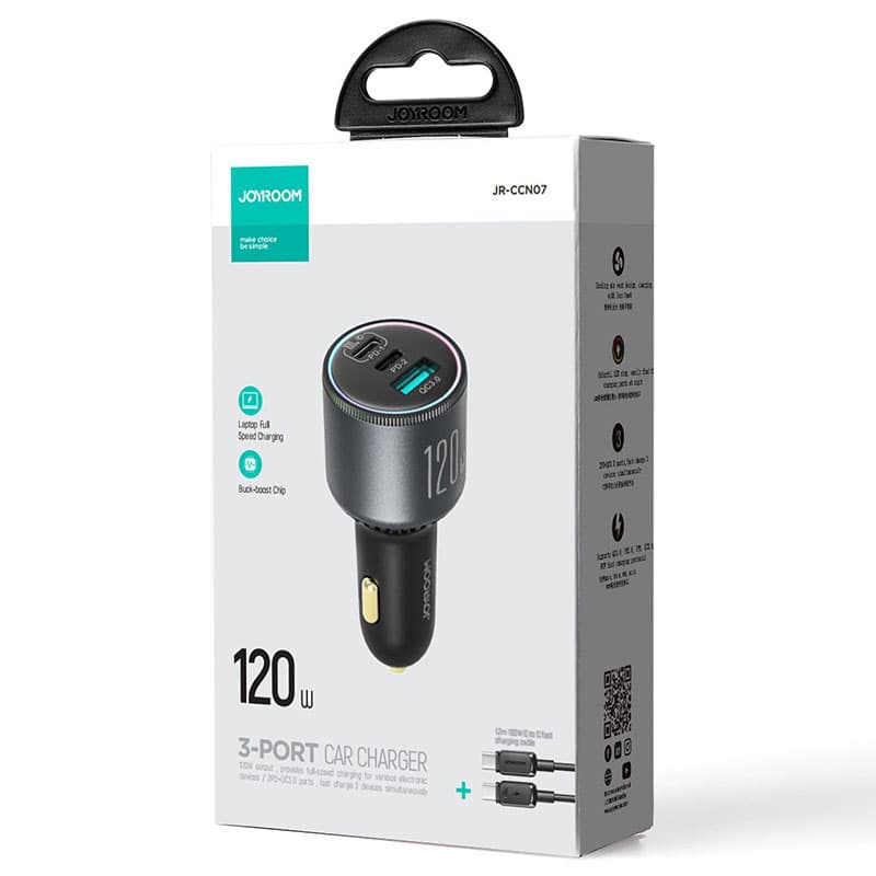 Joyroom (JR-CCN07) - Incarcator Auto + Cablu USB-C, 1m, PD120W, 2xUSB-C, 1xUSB, FastCharge, Grey 1