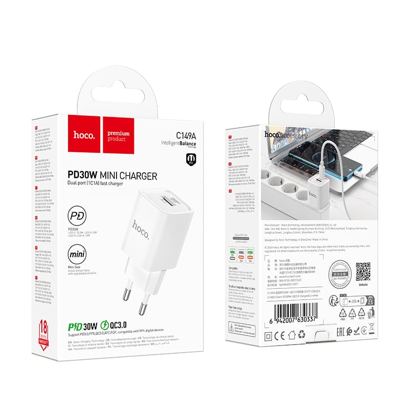 Hoco (C149A) - Incarcator Retea, PD30W, 1xUSB-C, 1xUSB-A, White 1