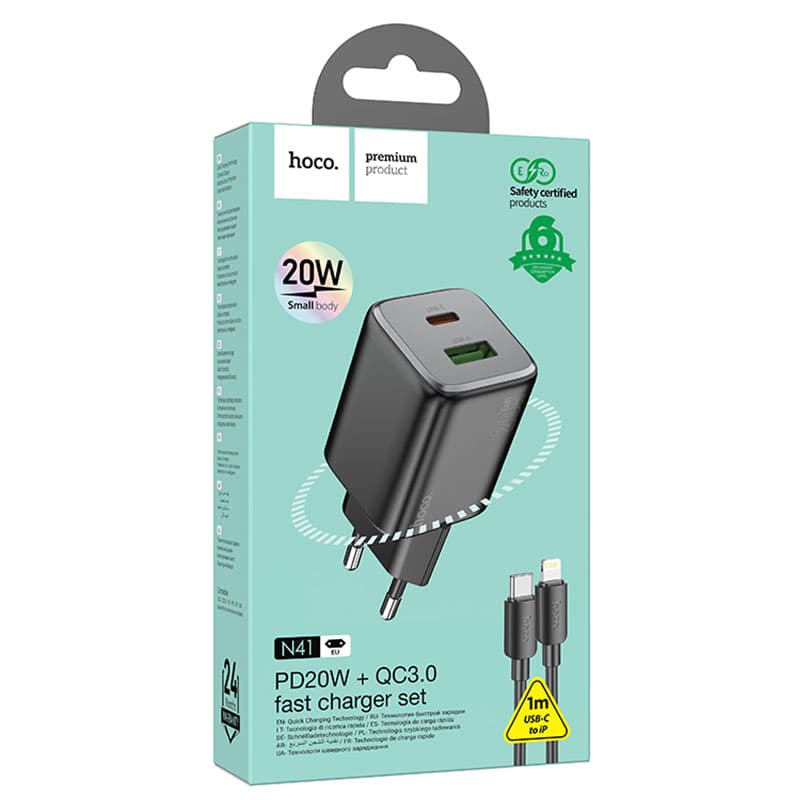Hoco (N41) - Incarcator Retea + Cablu Lightning, 20W, 1xUSB-C, 1xUSB-A, PD, QC 3.0, Black 1